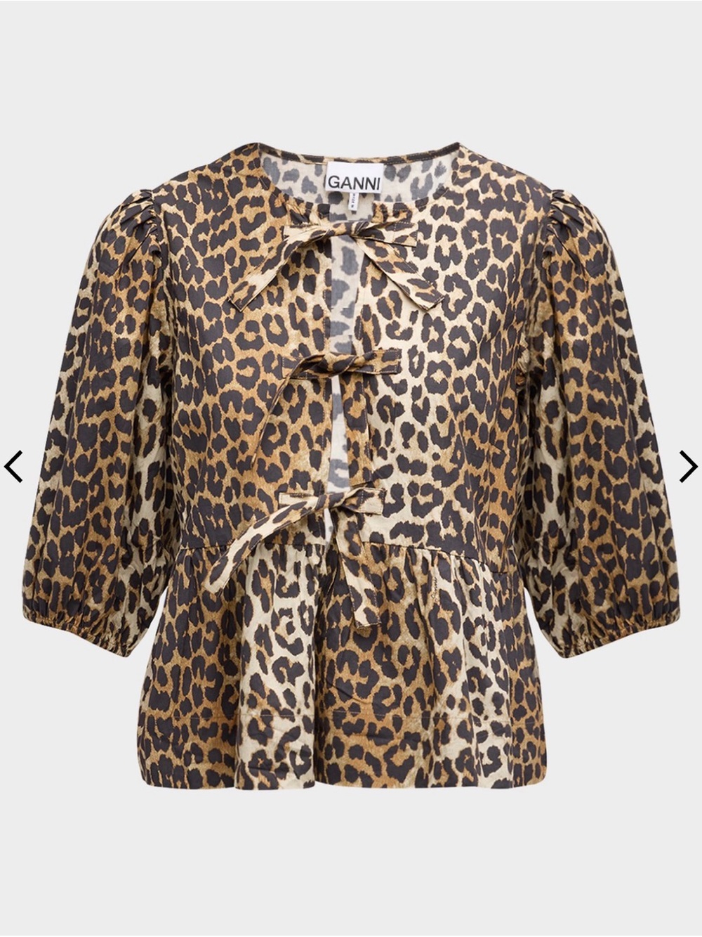 Ganni Leopard Tie-Front Puff Sleeve Blouse - Brown/Black/Cream